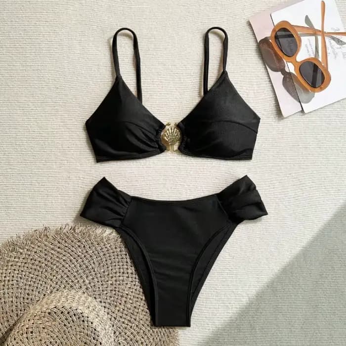 Ensemble bikini sexy plissé taille haute 2026 pour femme, orange, avec boucle métallique, push-up, m