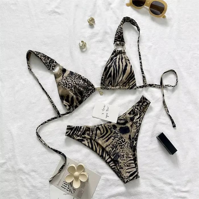 Maillot de bain brésilien léopard pour femmes, ensemble deux pièces, coupe haute, rembourré, M132