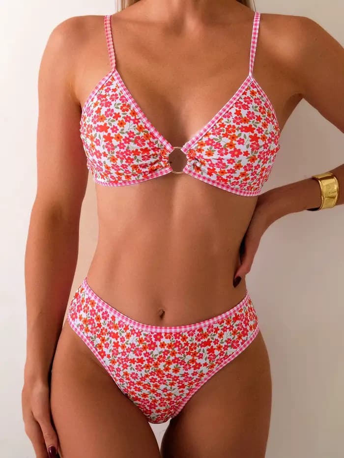 Rose rouge fleur imprimé Bikini ensemble femmes 2025 été nouveau taille haute 2 pièces maillot de ba