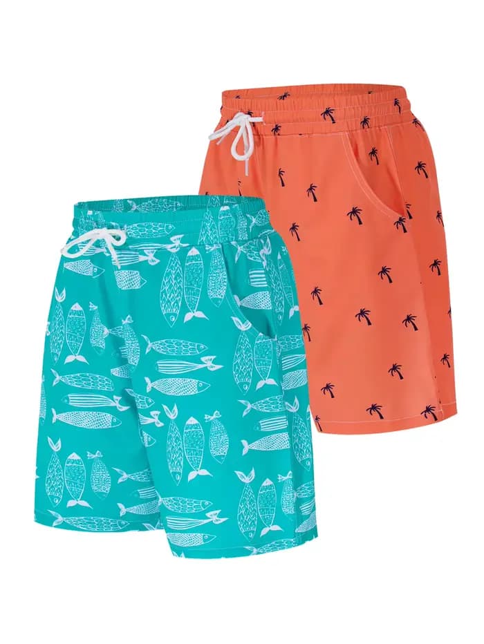 Maillot de bain 2 pièces pour garçons, imprimé cocotier et poisson, short de plage confortable pour