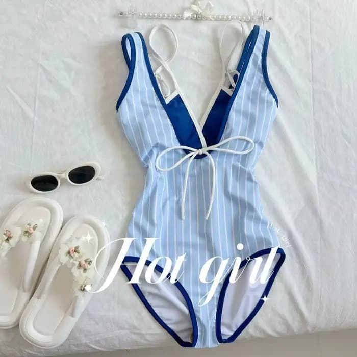 Maillot de bain une pièce rayé bleu et blanc Y2k pour femme, style plage, coupe ajustée, sexy, éléga