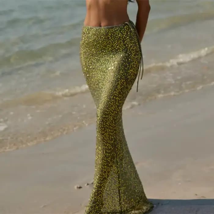 Haut court à paillettes, jupe longue Slim, ensemble deux pièces pour femmes, col bateau, manches lon