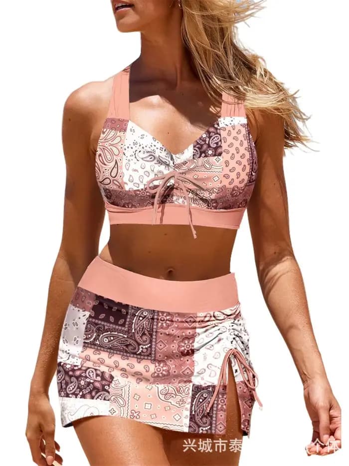 Maillot de bain 2 pièces imprimé cachemire pour femme, haut de bikini dos nu et short de bain taille