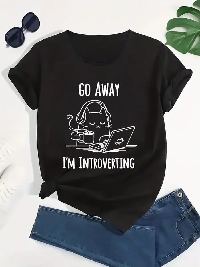 T-shirt noir à manches courtes Introvert Cat & GO AWAY... Imprimé humoristique et tendance pour femm