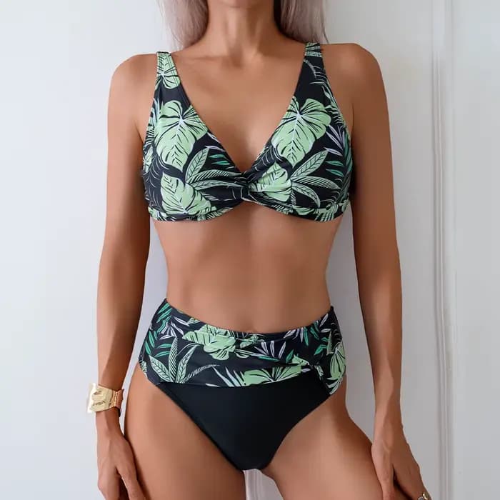 Maillot de bain Vintage imprimé pour femmes, ensemble deux pièces, taille haute, col en v, rembourré