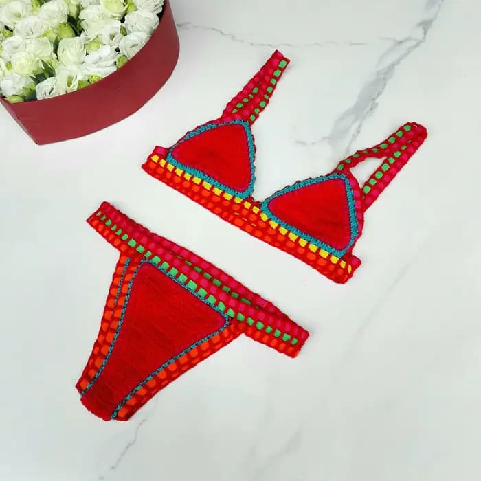 Bikini en crochet fait à la main pour femme, maillot de bain en coton, coloré, sexy, bohème, vêtemen