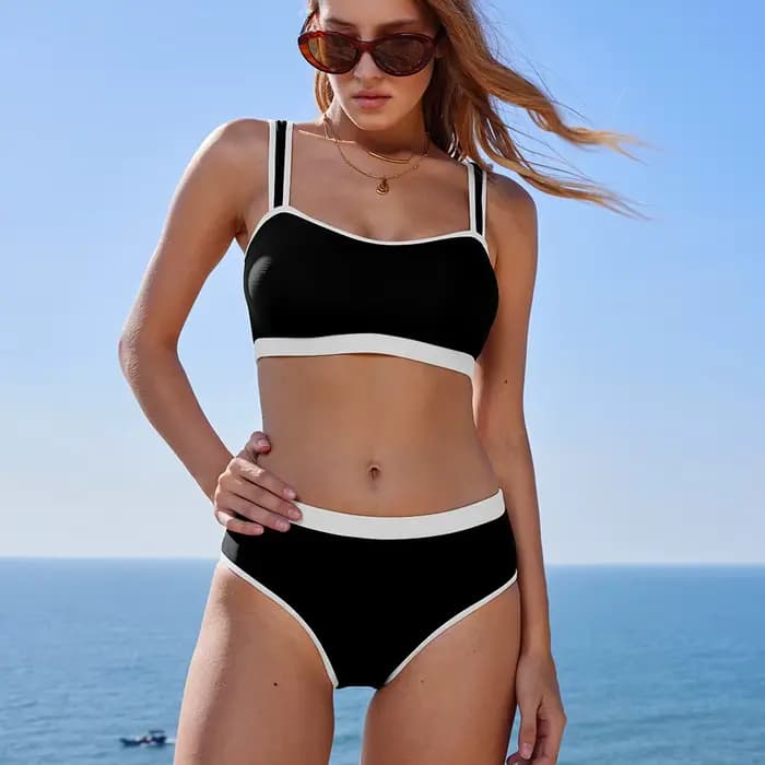 Bikini d'été 2 pièces pour femmes, ensemble de bikini rembourré à taille haute, couleur noir et blan
