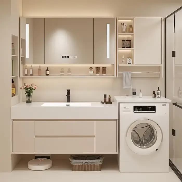 Meuble de salle de bain avec miroir lumineux, étagère murale de style nordique européen, meuble-lavabo avec tiroirs, meuble de toilette de luxe