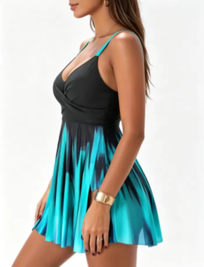 Maillot de bain une pièce amincissant noir dégradé turquoise 2373 pour femme, col en V, idéal pour la plage