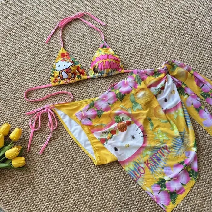Maillot de bain sexy Hello Kitty japonais Kawaii pour femme, bikini d'été à bretelles fendues, mode plage et resort, motif dessin animé