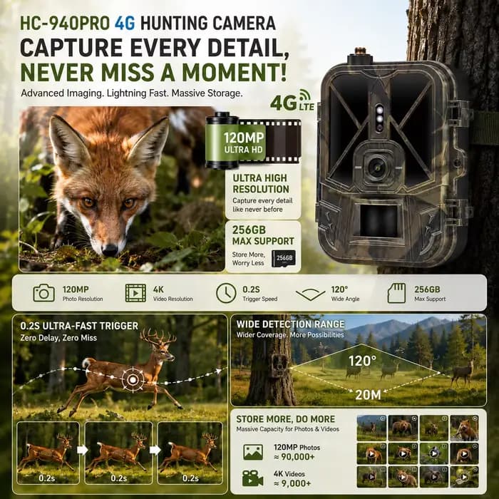 Caméra de chasse 4G HD en direct HC-940PRO-AA, carte SIM intégrée, 120MP 4K, application sans fil et stockage cloud, étanche IP66