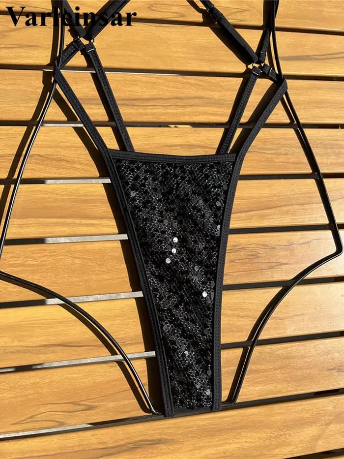 Maillot de bain une pièce micro string à paillettes brillantes pour femme