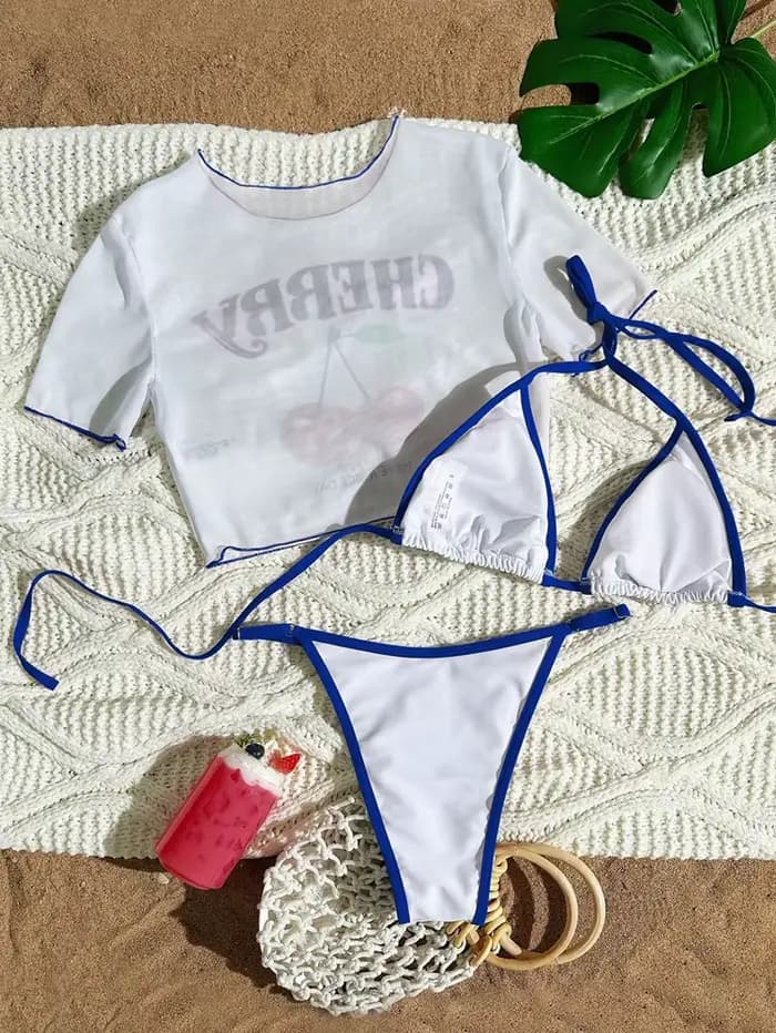 Maillot de bain trois pièces sexy et frais à imprimé cerises, style halter, bleu foncé, collection 2026