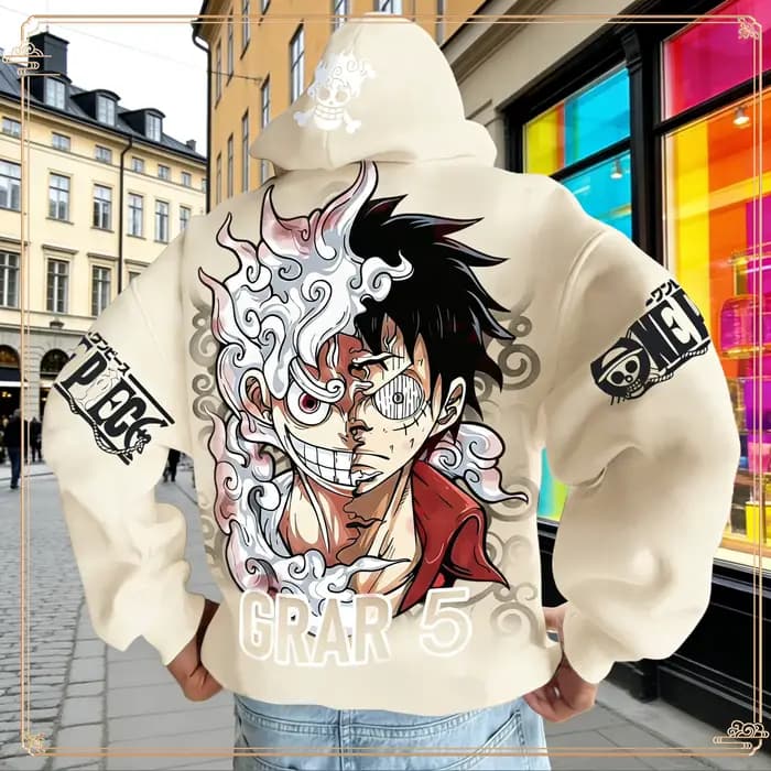 One Piece Luffy Gear 5 Ensemble pantalon à capuche Survêtement en coton rouge avec imprimé de personnages sur sweat à capuche Pantalon avant Côté Coupe ample Deux pièces