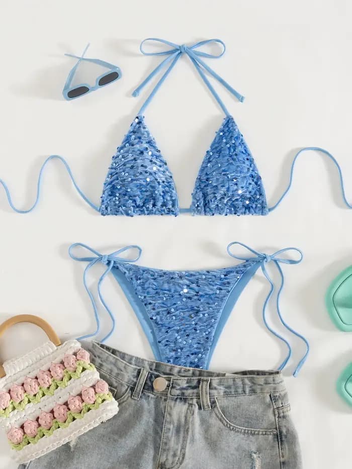 Maillot de bain sexy pour femme, ensemble bikini scintillant, maillot de bain féminin uni, tenue de plage, maillot de bain dos nu, trikini, dropshipping