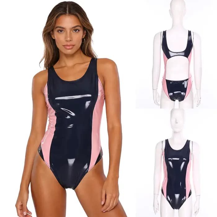 Combinaison de bain moulante en PU effet mouillé pour femme, col rond, sans manches, pour clubbing, raves, fêtes et danse