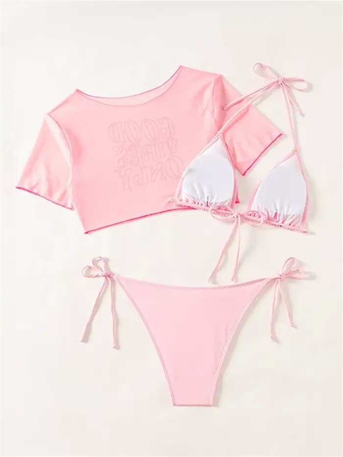 Maillot de bain bikini femme 2026 Nouveau ensemble rose sexy à bretelles avec manches courtes et lettres