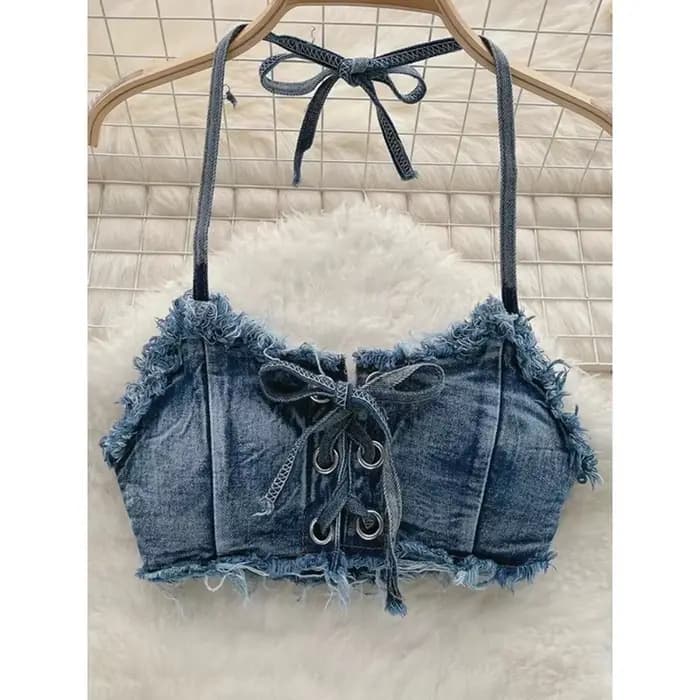 OIINAA maillot de bain femmes Sexy Denim costumes Bikini ensemble à lacets cordon maillots de bain 2025 solide été Vintage deux pièces maillots de bain