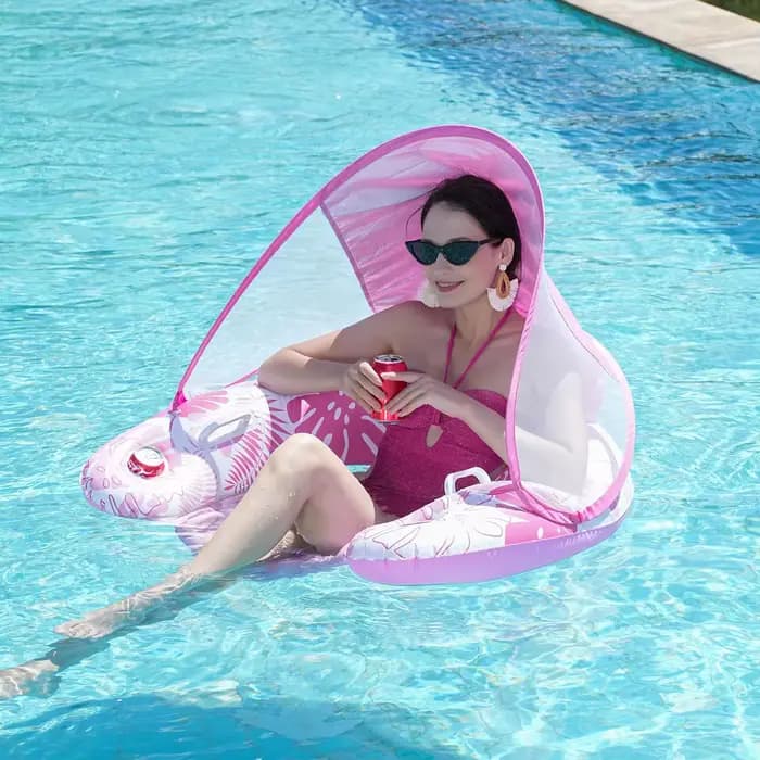 Fauteuil flottant gonflable pour piscine avec auvent pare-soleil, chaise inclinable flottante en forme de U avec porte-gobelets, radeau pour piscine et plage