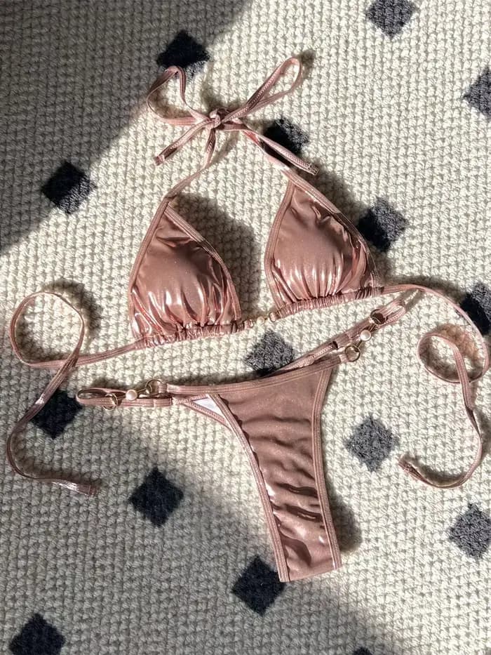 Micro bikini rose brillant 2026 pour femme, sexy, en PU, avec perles, push-up, string, maillot de bain d'été, bandage, pour les vacances