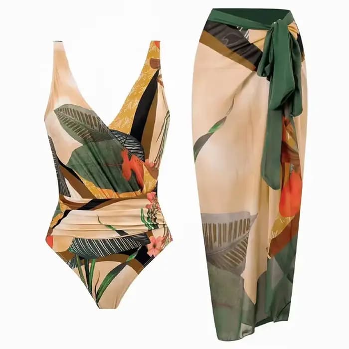 Vintage femmes flore imprimé Bikini ensembles maillot de bain et jupe Sexy asymétrique une pièce maillots