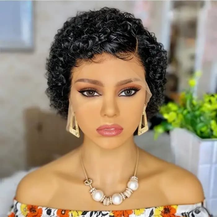 Perruque courte bouclée en cheveux humains, coupe pixie, partie en T, 13x4x1, perruque en dentelle pour femmes, cheveux humains