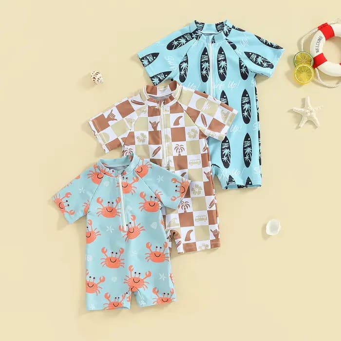 Maillot de bain à manches courtes pour bébé garçon, vêtements de plage pour tout-petits, imprimé arbre mignon, barboteuse à fermeture éclair, maillots de bain trempés pour garçons