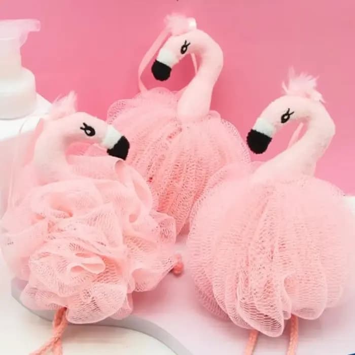 Éponges de bain flamant rose pour enfants, Loofah, Pouf de bain en maille, jouet Animal, éponge de bain colorée, boules d'épurateur de corps, maille de douche pour enfants