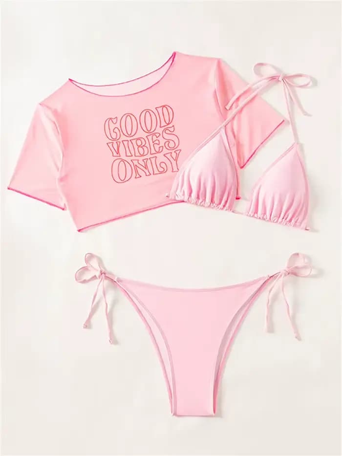 Maillot de bain bikini femme 2026 Nouveau ensemble rose sexy à bretelles avec manches courtes et lettres