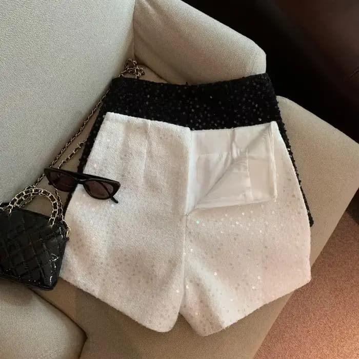 Short taille haute pour femme, pantalons sexy, noir, blanc, olympiques courts, mince, automne, pantalon à paillettes Y2k