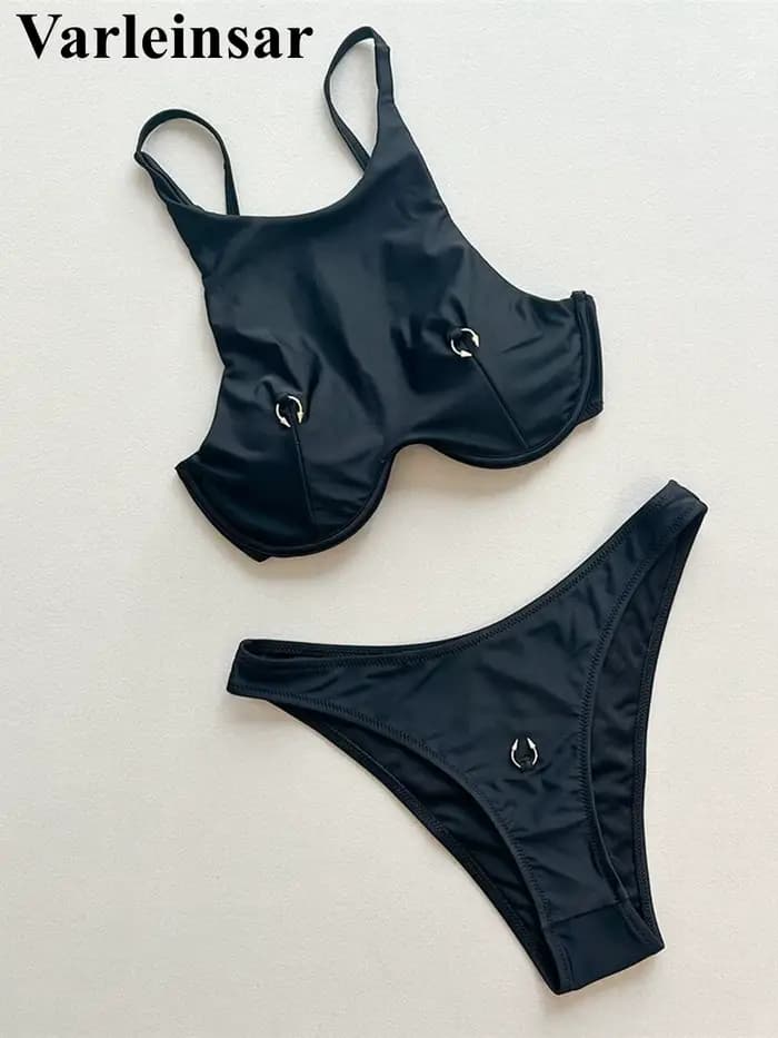 Maillot de bain deux pièces à col haut et armatures pour femme, ensemble bikini brésilien rembourré, maillot de bain V7514