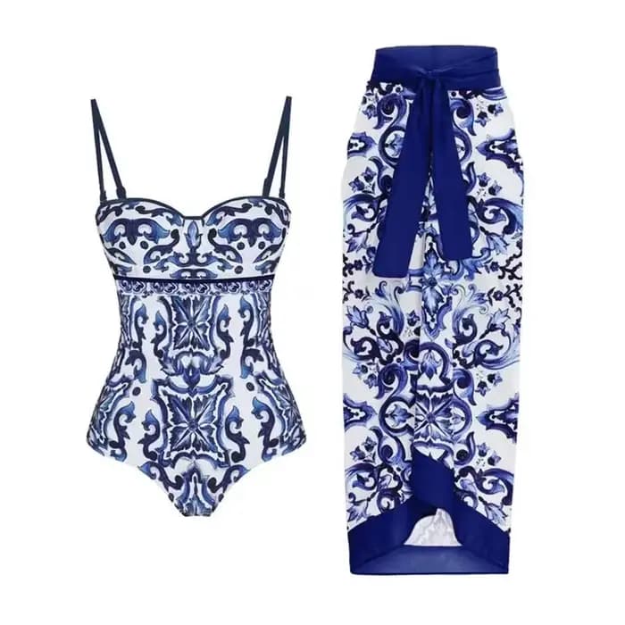 Offre spéciale de la saison Bikini deux pièces ensemble bleu porcelaine imprimé rétro plage vacances maillot de bain