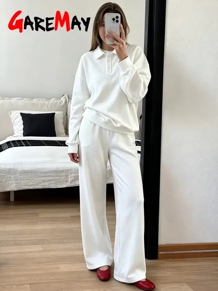 Ensemble de survêtement printanier pour femme avec pantalon large, blanc, oversize, deux pièces, classique, pour femme 2026