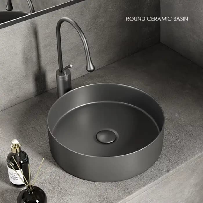 Lavabo de salle de bain moderne en céramique : blanc/gris foncé, finition mate, diamètre 36 cm/14 pouces, adapté à la vanité de salle de bain (sans robinet)