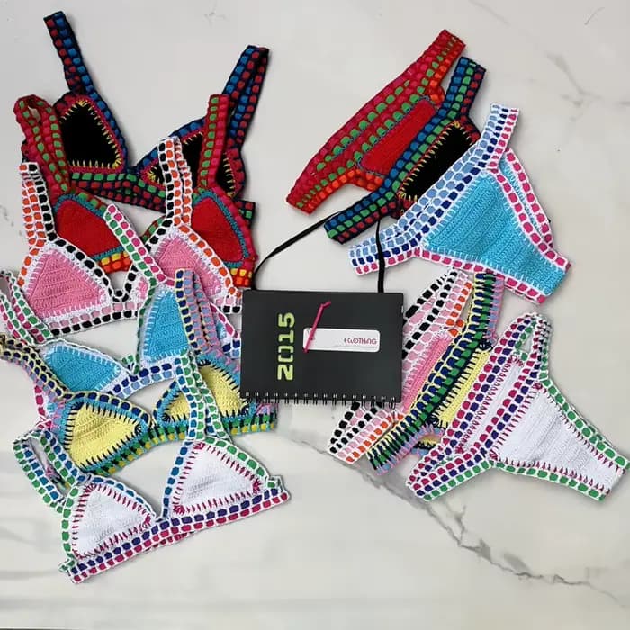 Bikini en crochet fait à la main pour femme, maillot de bain en coton, coloré, sexy, bohème, vêtements de plage de vacances, bain trempé, haute qualité