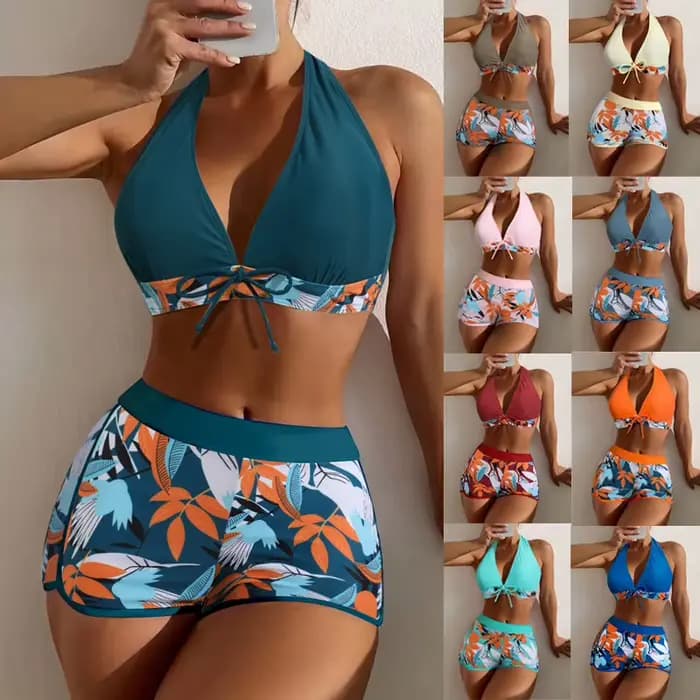 Nouvel ensemble bikini halter 2026 pour femme, maillot de bain court taille haute imprimé, tenue de plage