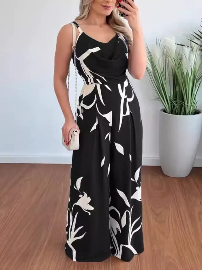 Combinaison à bretelles sexy pour femmes, vêtements de printemps et d'été, imprimé, dos nu, taille cintrée, jambe large, nouvelle mode