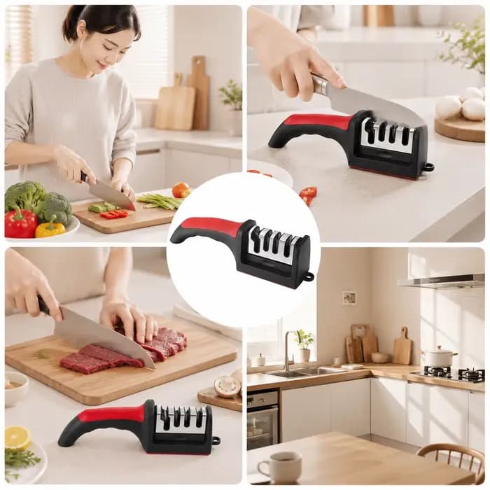 Aiguiseur de couteaux à 4 segments, aiguiseurs de couteaux pour couteaux de cuisine, acier inoxydable, pierre à aiguiser à trois usages pour outils de cuisine