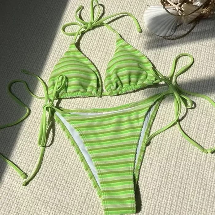 Ensemble bikini rayé pour femmes, maillot de bain sexy, triangle fendu, à lacets, push-up, maillot de bain d'été pour femmes