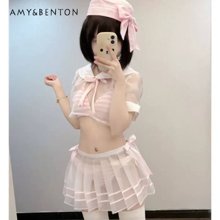 Nouveau Maillot de Bain Marin Rose Doux pour Femme, Ensemble Deux Pièces Rayé avec Bretelles au Cou et Culotte, Bikini Sexy pour l'Été