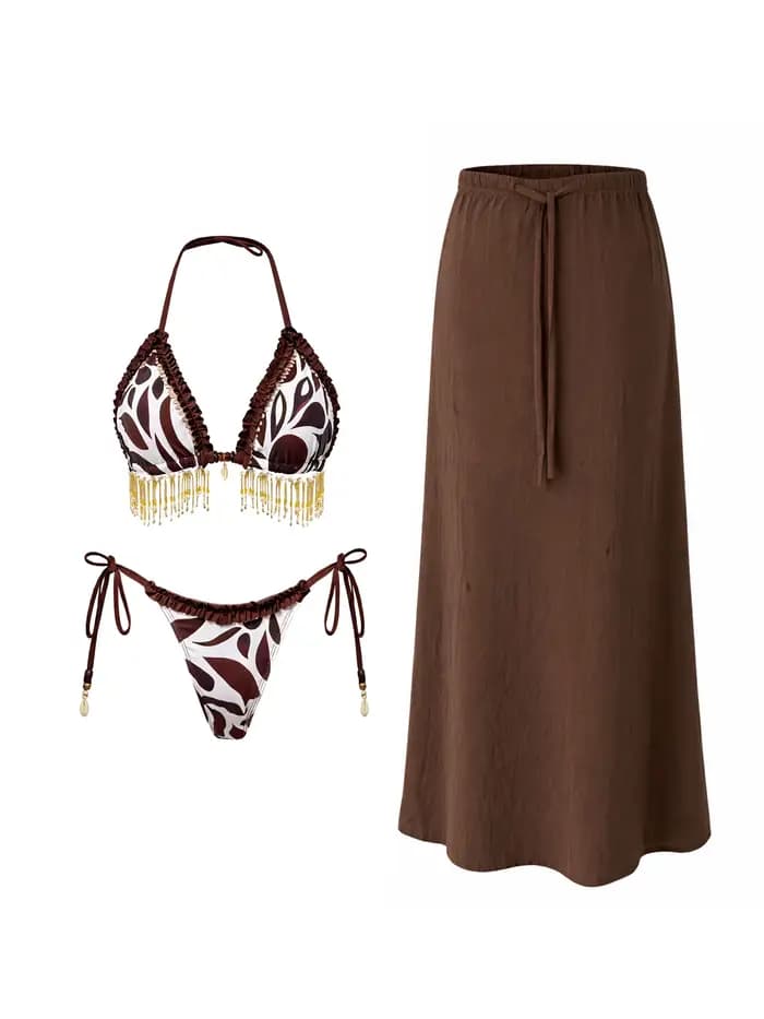 Ensemble bikini sexy 2026 imprimé tribal bohème avec détails à pompons, idéal pour les soirées au bord de la piscine, les escapades estivales et le glamour au bord de l'eau.
