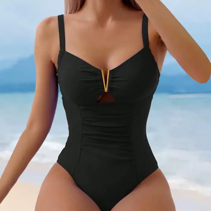 Maillot de bain une pièce à col en v pour femmes, élégant, Monokini plissé, vêtements de plage avec tissu à séchage rapide, couleur unie