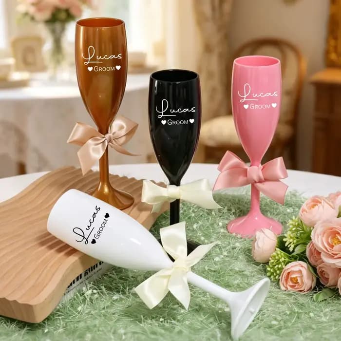 Flûte à champagne personnalisée, verre à champagne incassable personnalisé avec décoration en nœud, décoration élégante pour mariage et vaisselle de fête