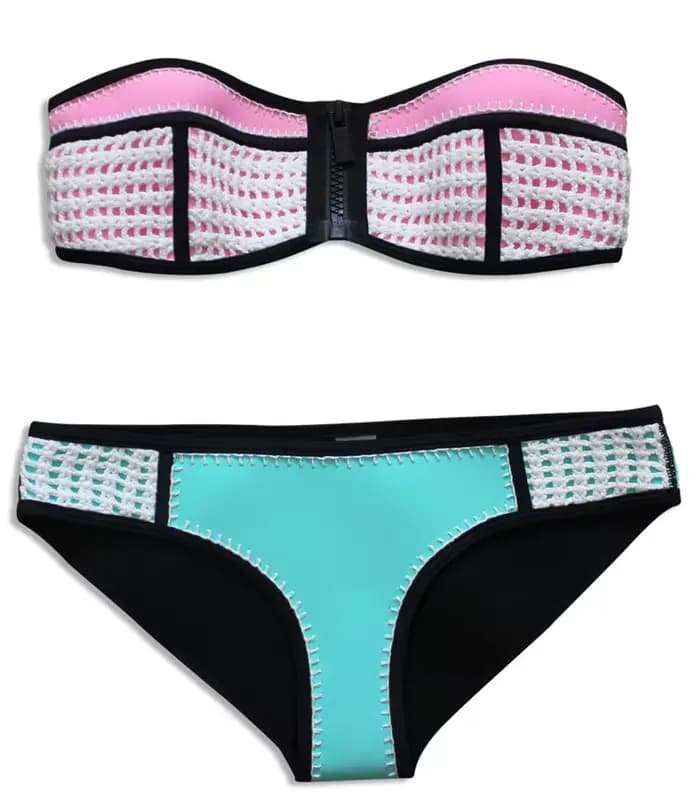 Bikinis sexy de style Brigitte en néoprène, ensembles de bikini en caoutchouc de néoprène, bikini rayé bleu et blanc pour femme - Ensemble de maillots de bain deux pièces
