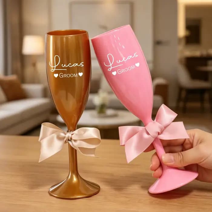 Flûte à champagne personnalisée, verre à champagne incassable personnalisé avec décoration en nœud, décoration élégante pour mariage et vaisselle de fête