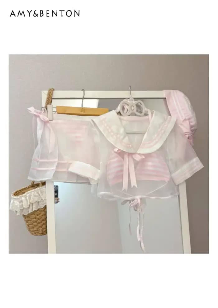 Nouveau Maillot de Bain Marin Rose Doux pour Femme, Ensemble Deux Pièces Rayé avec Bretelles au Cou et Culotte, Bikini Sexy pour l'Été