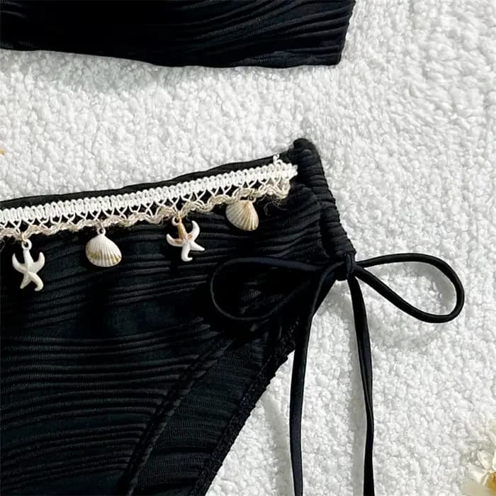 Maillot de bain vintage noir à bretelles croisées, dos nu, avec bordure étoilée, style bohème pour femme, idéal pour les vacances et la plage