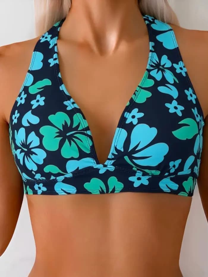 Bikini vintage noir à imprimé turquoise et hibiscus