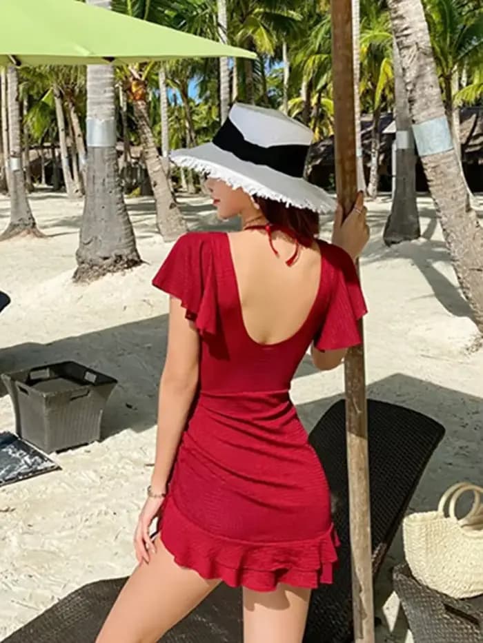 Maillot de bain une pièce rouge à volants pour femmes