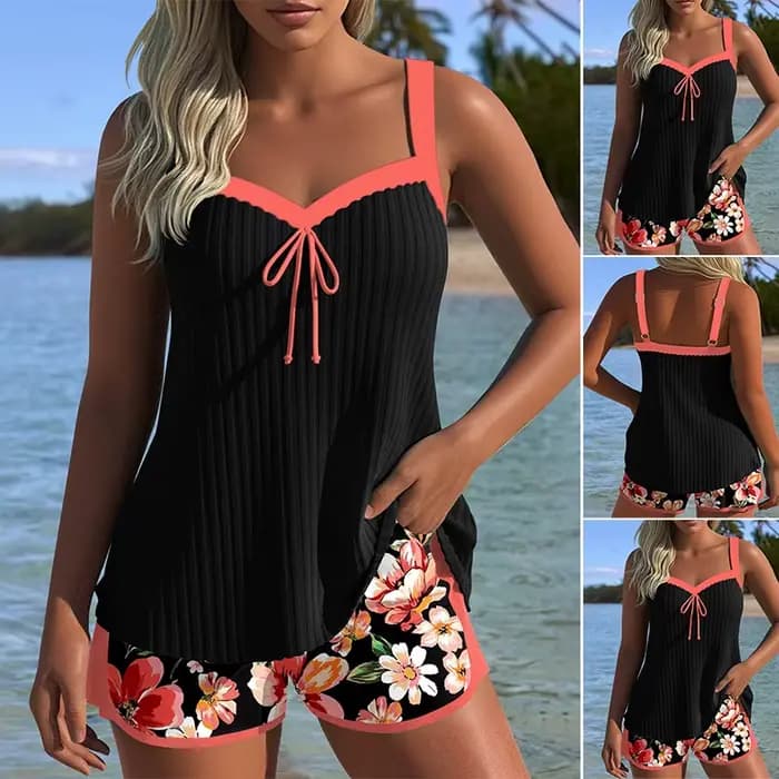 Ensemble de maillot de bain deux pièces conservateur, imprimé, sans manches, avec bas de bikini séparé, en tissu polyester, pour la natation et les activités aquatiques